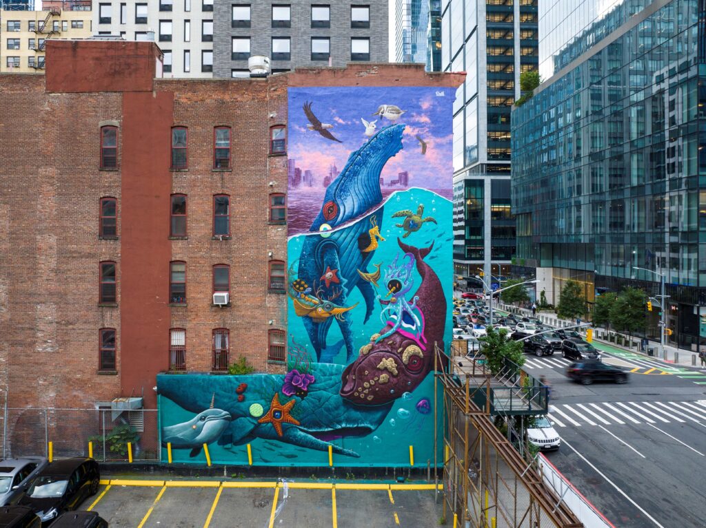 A giant mural of ocean with whales and other sea creatures swimming in the foreground and the city in the background, in New York City