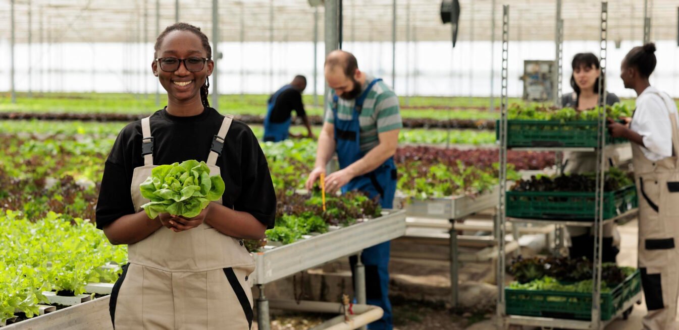 A young woman holds a lettuce in a greenhouse