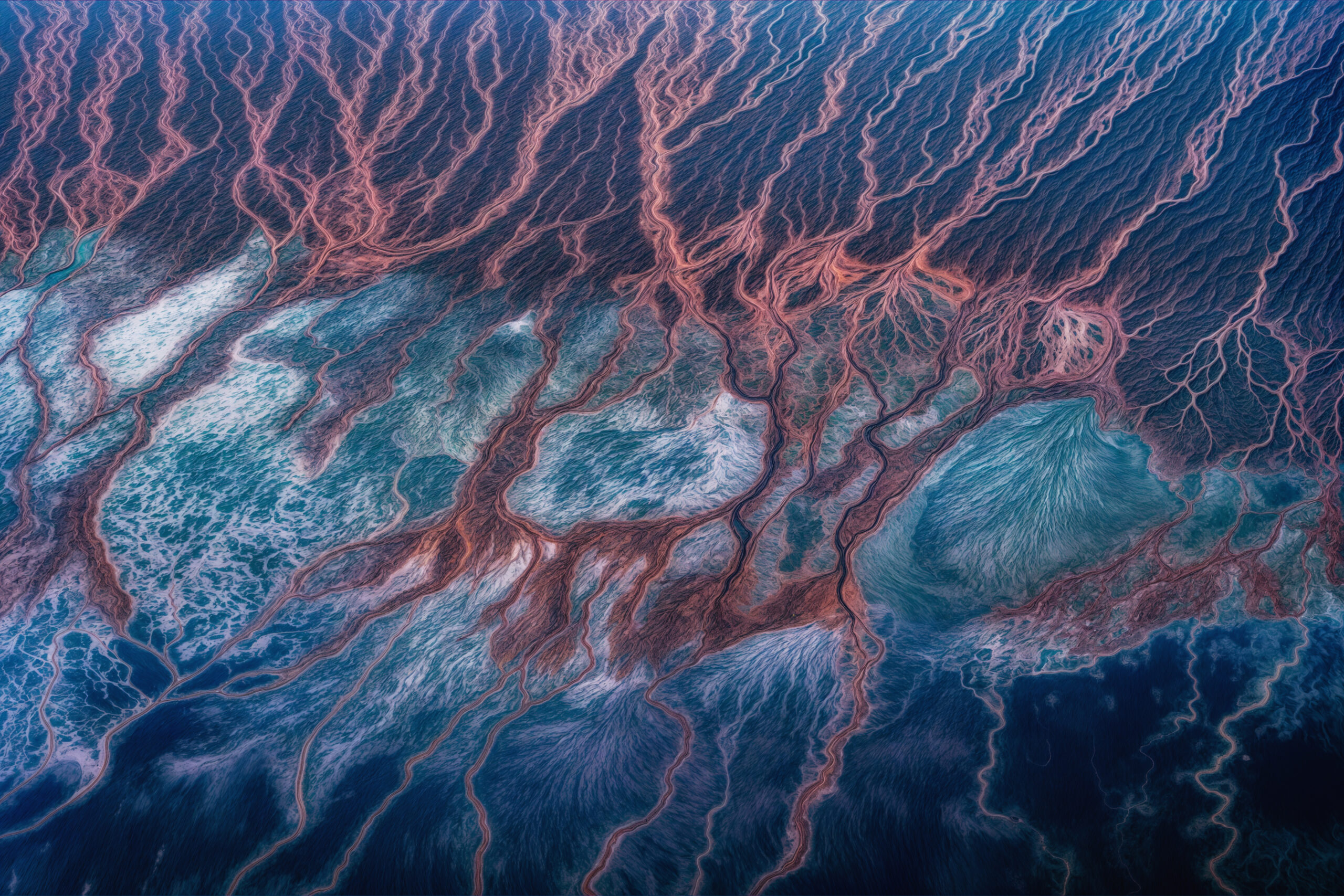Aerial view of veined lands protruding into the sea in UAE