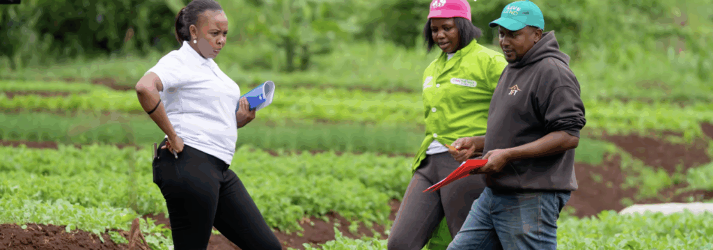Three people converse in fields in Kenya