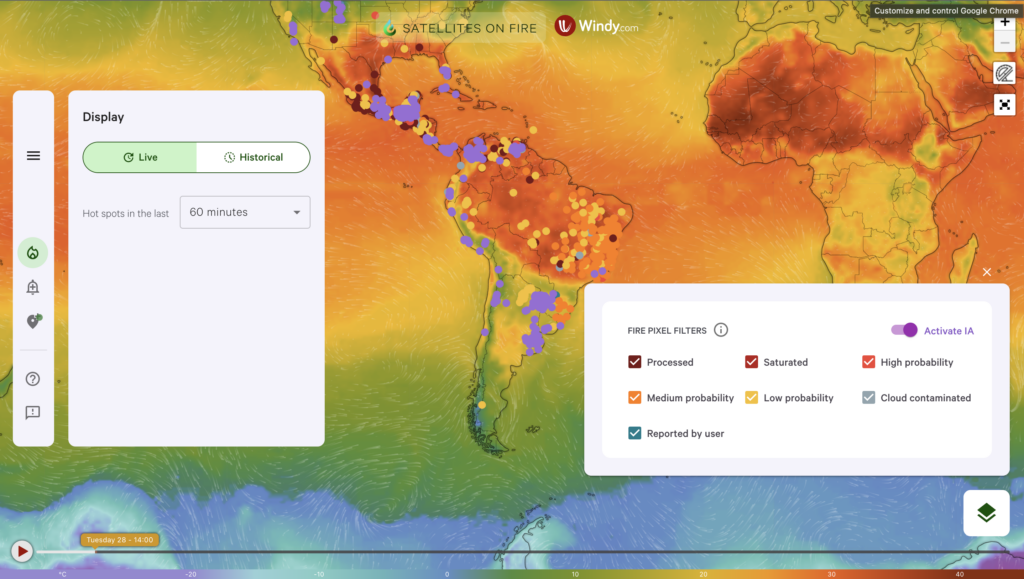 Screenshot from app showing fires around the world